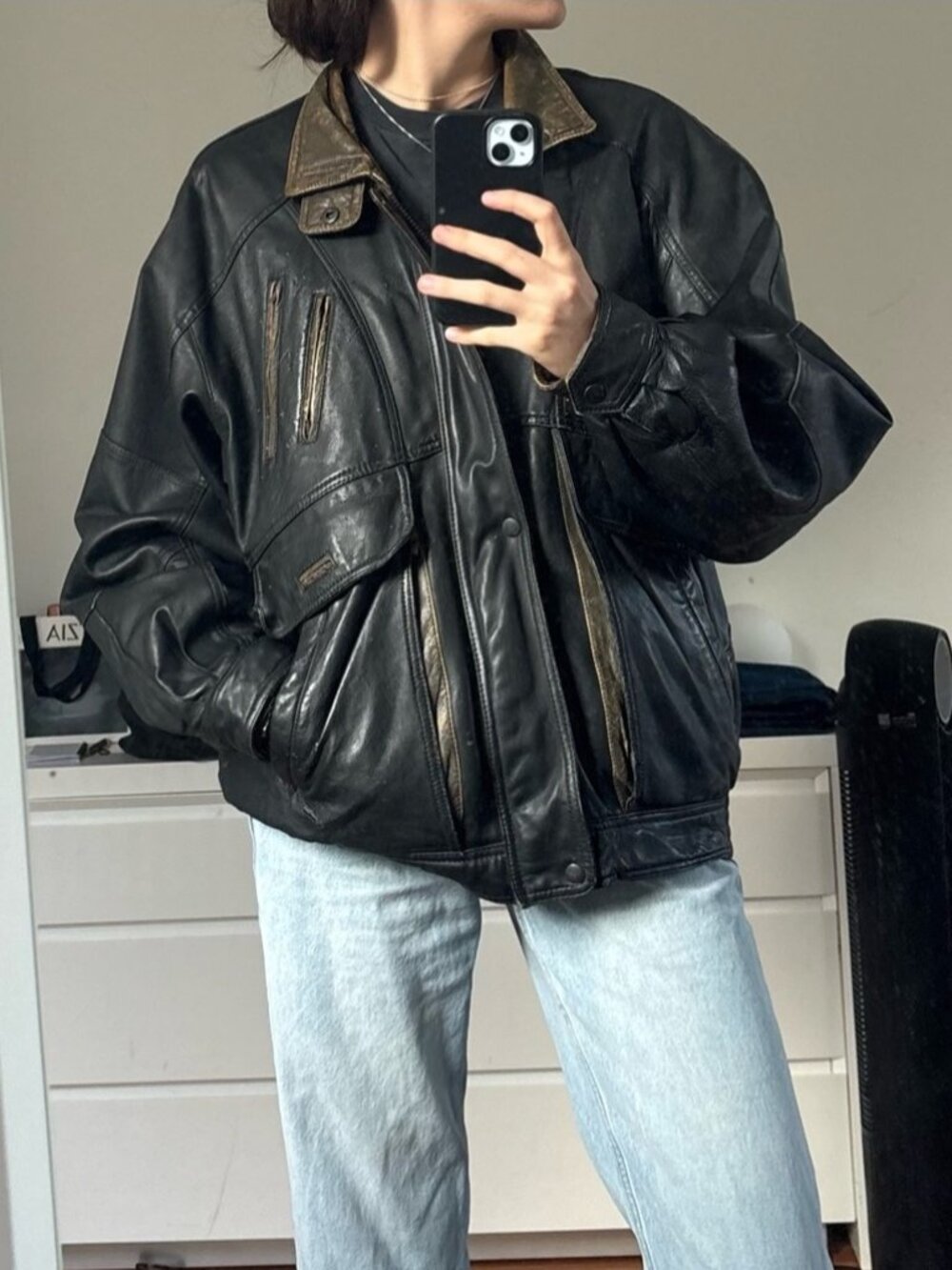 Vintage Black Leather Jacket - Wolf Full Moon Design -90s Twilight Werewolf